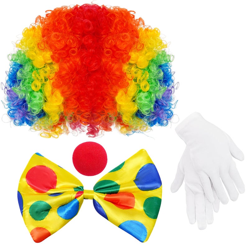 jiebor Clown Costume Set Clown Rainbow Wig Nose Bow Tie White Gloves Accessories for Parties Carnivals Pretend Play Women Men Adults - Image 1